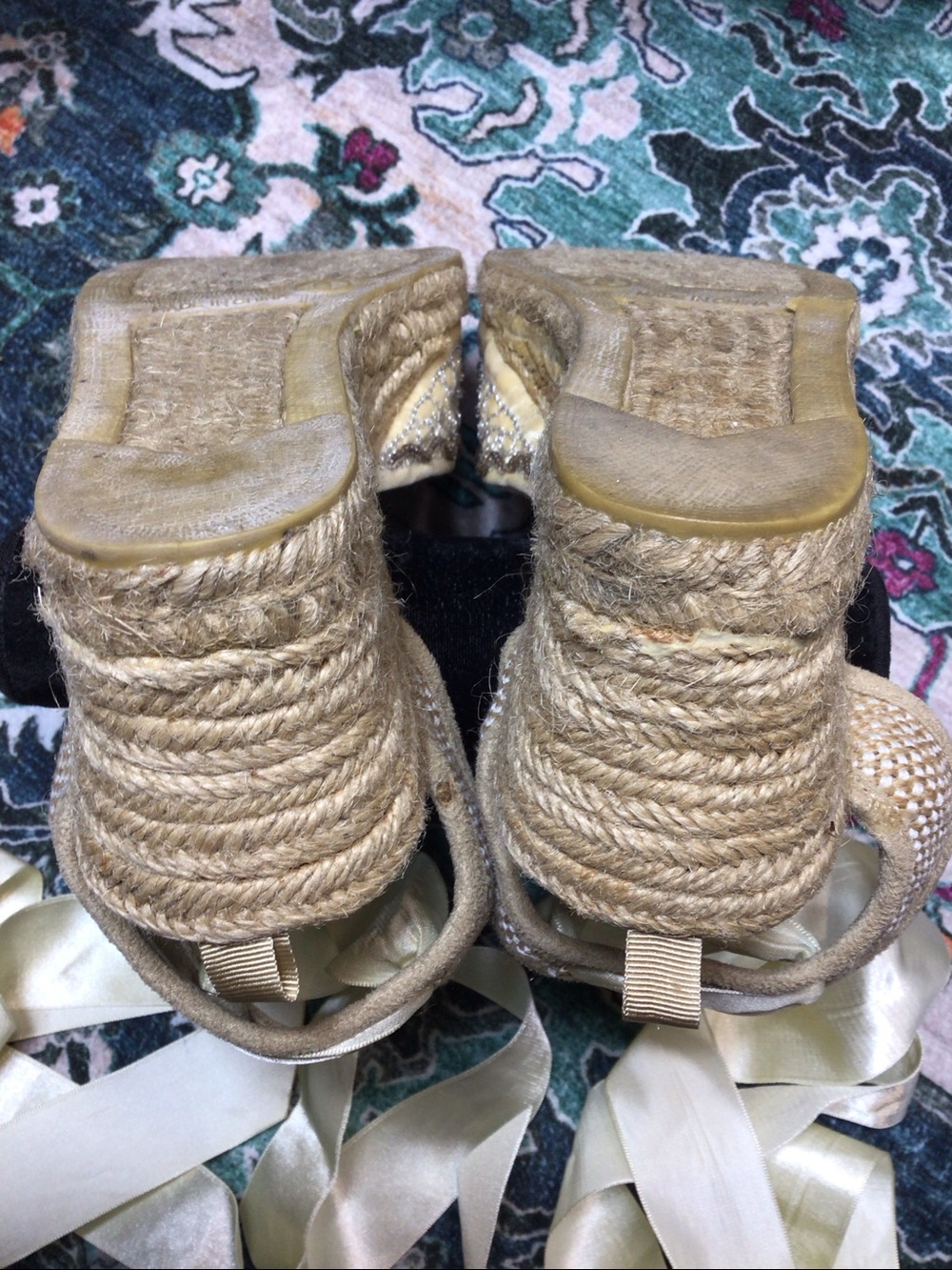 Old Navy Cream Embellished Espadrille Wedge Sandals with Ribbon Ankle Ties Sz.9 - Picture 8 of 12